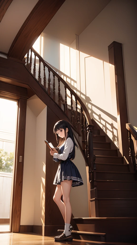 Anime girl standing on the stairs holding a book, Hyuuga Hinata, Anime Moe Art Style, Drawn by an anime artist&#39;studio, ; Visual novel, Realistic , Cute girl anime visuals, Nishimiya Shoko, Smooth anime CG art, rei hiroe, Kotegawa Yui, Attractive anime girl, sayori, Yandere. expensive