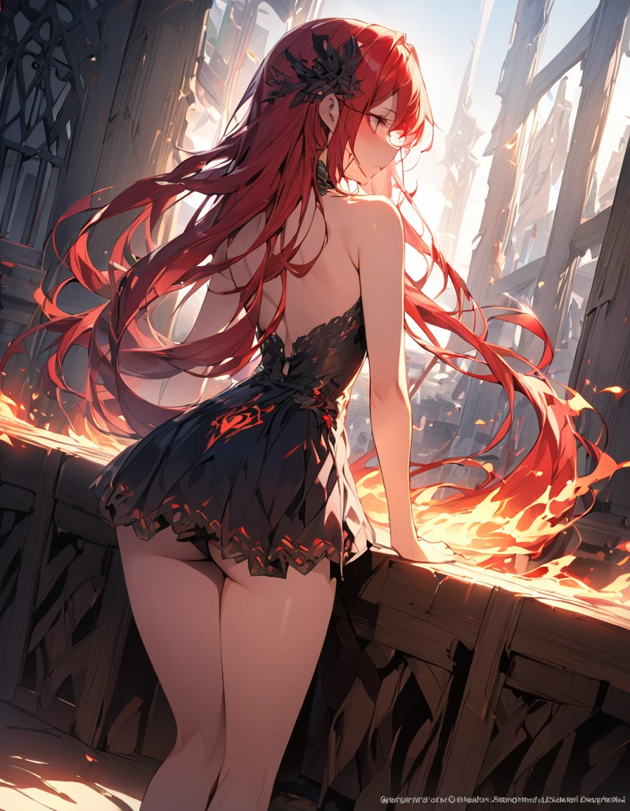 masterpiece　Detailed description　A woman with very long red hair　Very intense flames all over　Spell　
