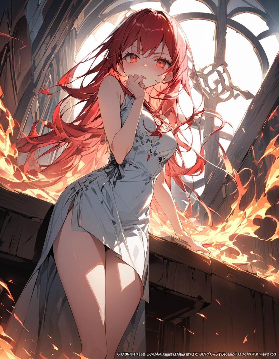 masterpiece Detailed description A woman with very long red hair Very intense flames all over Spell