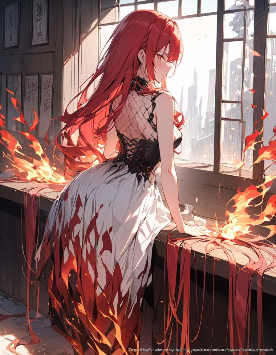 masterpiece Detailed description A woman with very long red hair Very intense flames all over Spell