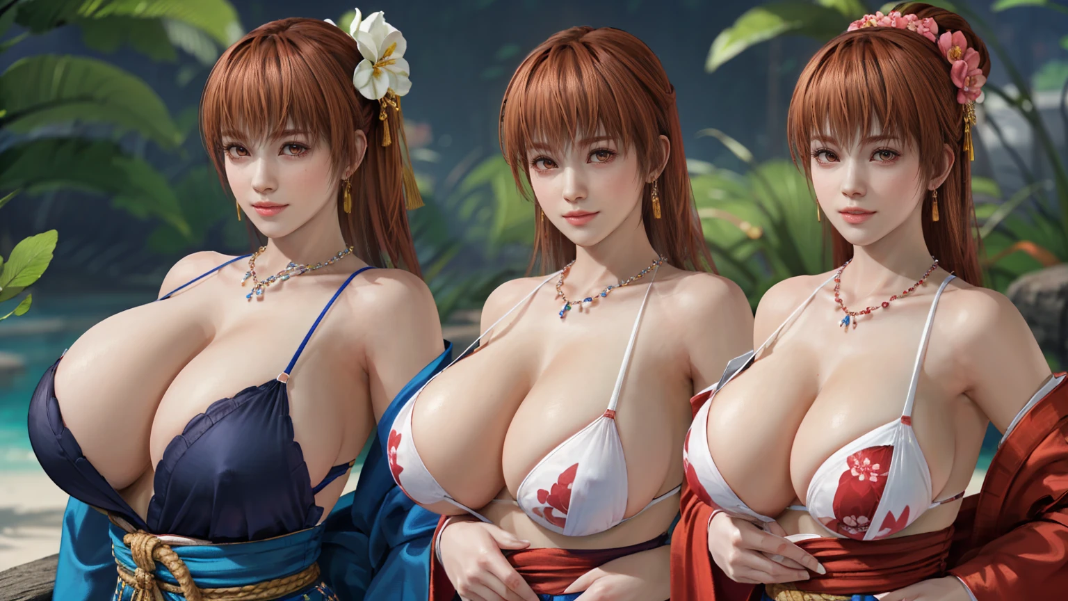 (masterpiece), (best quality), (high resolution), (beautiful eyes和脸), (Perfect female image), Realist, Radiant skin, Extremely detailed eyes and face, (High Detail Skin:1.2), (beautiful eyes:1.2), SFW, (巨大的Cleavage:1 4, Breast sagging, Long Breasts), 
1 busty girl,  eternal,, ((blush)), 他们Smile着, shut your mouth, Open your lips, Looking at the audience, haze  , Extended, Long hair, Loose hair, Low-cut，Deep V big chest，Huge breasts ，Slim figure，Japanese Beauty, This is a perfect face, cosmetic, Perfect eyes, masterpiece, Open your lips, blush, Radiant skin, Drunken face, Smile,  Sticking out her tongue, , Cleavage很诱人，Wearing very little，Japanese Beauty，Ninja Master，In a forest，Huge breasts，Cleavage，Low-cut，necklace，earrings， pantyhose，Flowers，比基尼，swimsuit，Thin waist，Exposure