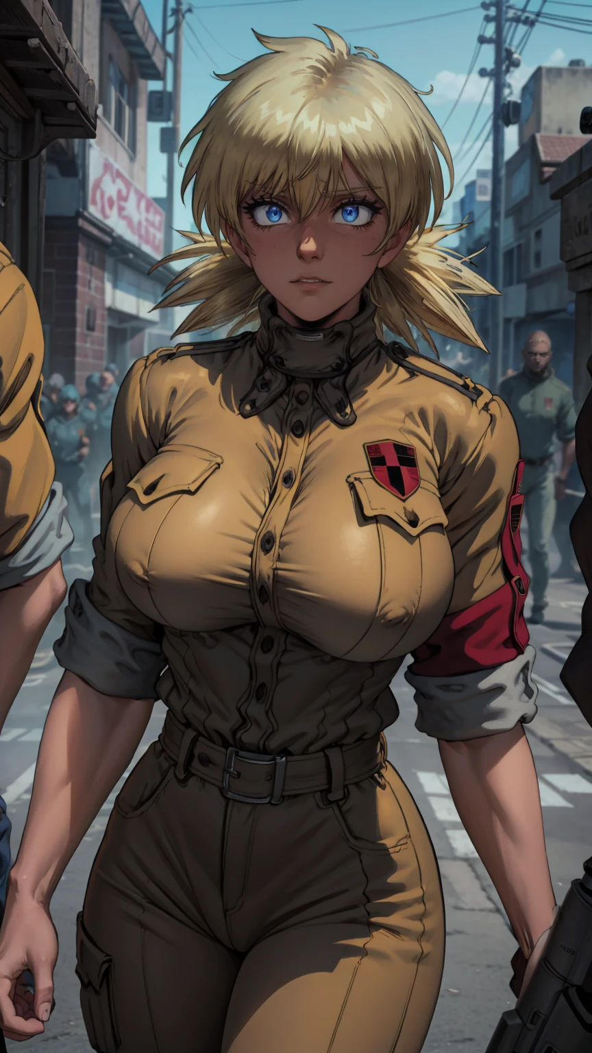 ((dynamic pose)) (best quality,4k,8k,highres,masterpiece:1.2),ultra-detailed,naked, enormous , showing, boob window,extremely detailed girl,beautiful detailed eyes,beautiful detailed lips,longeyelashes,leather jacket and pants,angry expression,holding a gun,black and white photography,low-key lighting,dark and gritty,urban setting,fierce attitude,action-packed scene,Vivid colors,intense shadows,sharp focus, seras, seras victoria, closeup, face closeup, frustrated expression