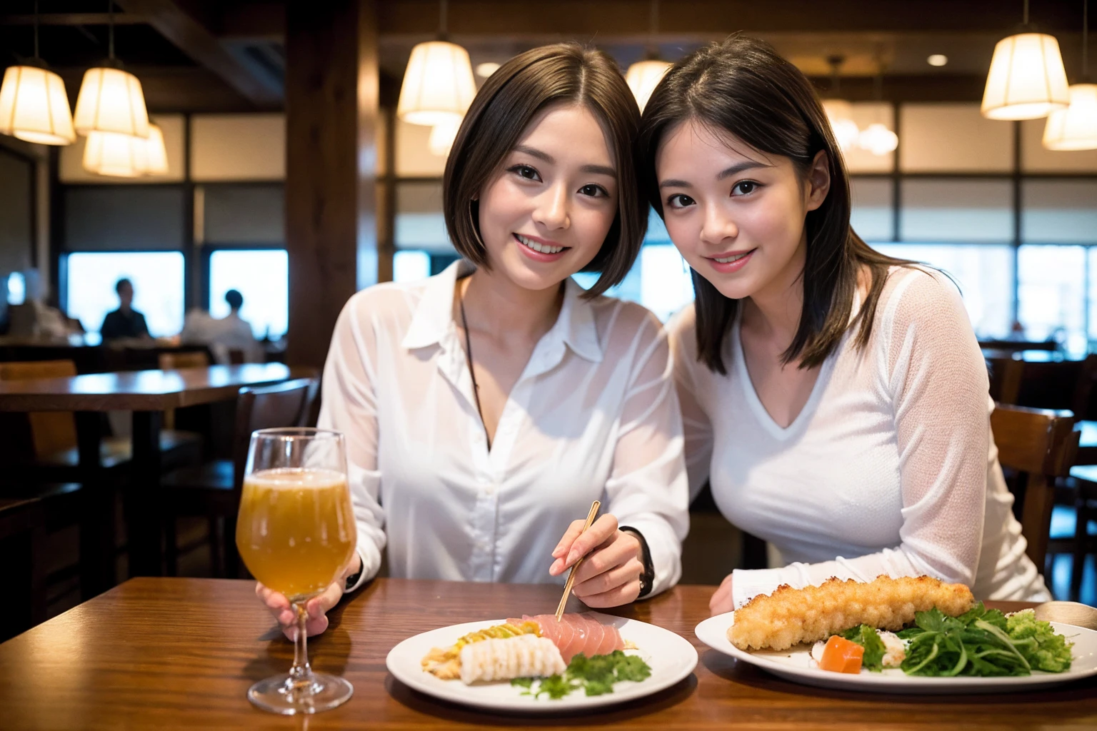 ((Highest quality、、masterpiece:1.3))、1 male 1 female、Ayami Nakajo、Slim lovers、Beautiful couple、smile、Japanese sake、sashimi、Yakitori、Tempura、 (Slim face), (the body is スリム), (Brown Hair), (Shortcuts), ((Bob Hale、Straight hair:1.2)), Sake glasses on table、 Amazing view of the sunset sky and clouds、smileの美しさ、Bright image、Blushing, Shortcuts, (43 years old), 39 years old, Appetizers、Long sleeve shirt、dress、Attractive beauty、restaurant, Nova Frog Style, actress, model,