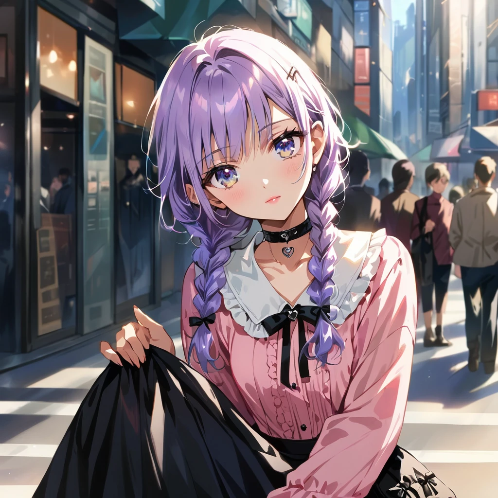 (Cute a girl:1.5), (a girl with closs hair pin,pale purple hair,wavy two braids,bluntbangs hair,green and black eyes,
pink shirt,cosplay, jirai kei, bangs, black skirt, black bow, looking at viewer, bow, long sleeves, choker, ribbon,pink lips,Thick-soled boots,fullbody shot :1.4),boots focus,
(masterpiece:1.3), anime visual, (Lovey-dovey:1.5), (tilt head:1.3), extremely delicate face, soft clean focus, realistic lighting and shading, (an extremely delicate and beautiful art:1.3), elegant, (muted colors:1.1), small breast,slim,Sitting on a carry-on bag in Akihabara's pedestrian mall,morning lit,
a masterpiece, beautiful eyes, a beautiful face, beautiful depiction, details, solid blue Skyscrapers background, 