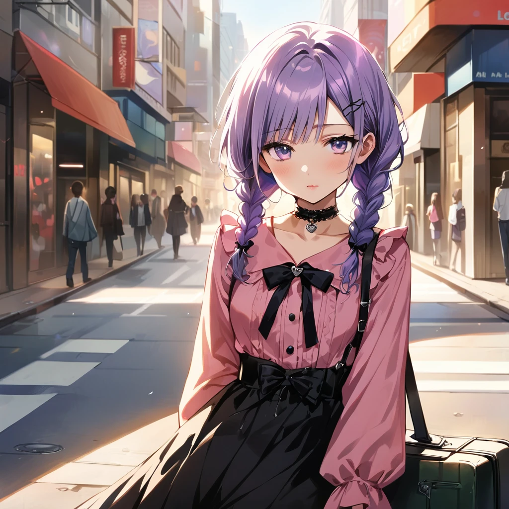 (Cute a girl:1.5), (a girl with closs hair pin,pale purple hair,wavy two braids,bluntbangs hair,green and black eyes,
pink shirt,cosplay, jirai kei, bangs, black skirt, black bow, looking at viewer, bow, long sleeves, choker, ribbon,pink lips,Thick-soled boots,fullbody shot :1.4),boots focus,
(masterpiece:1.3), anime visual, (Lovey-dovey:1.5), (tilt head:1.3), extremely delicate face, soft clean focus, realistic lighting and shading, (an extremely delicate and beautiful art:1.3), elegant, (muted colors:1.1), small breast,slim,Sitting on a carry-on bag in Akihabara's pedestrian mall,morning lit,
a masterpiece, beautiful eyes, a beautiful face, beautiful depiction, details, solid blue Skyscrapers background,