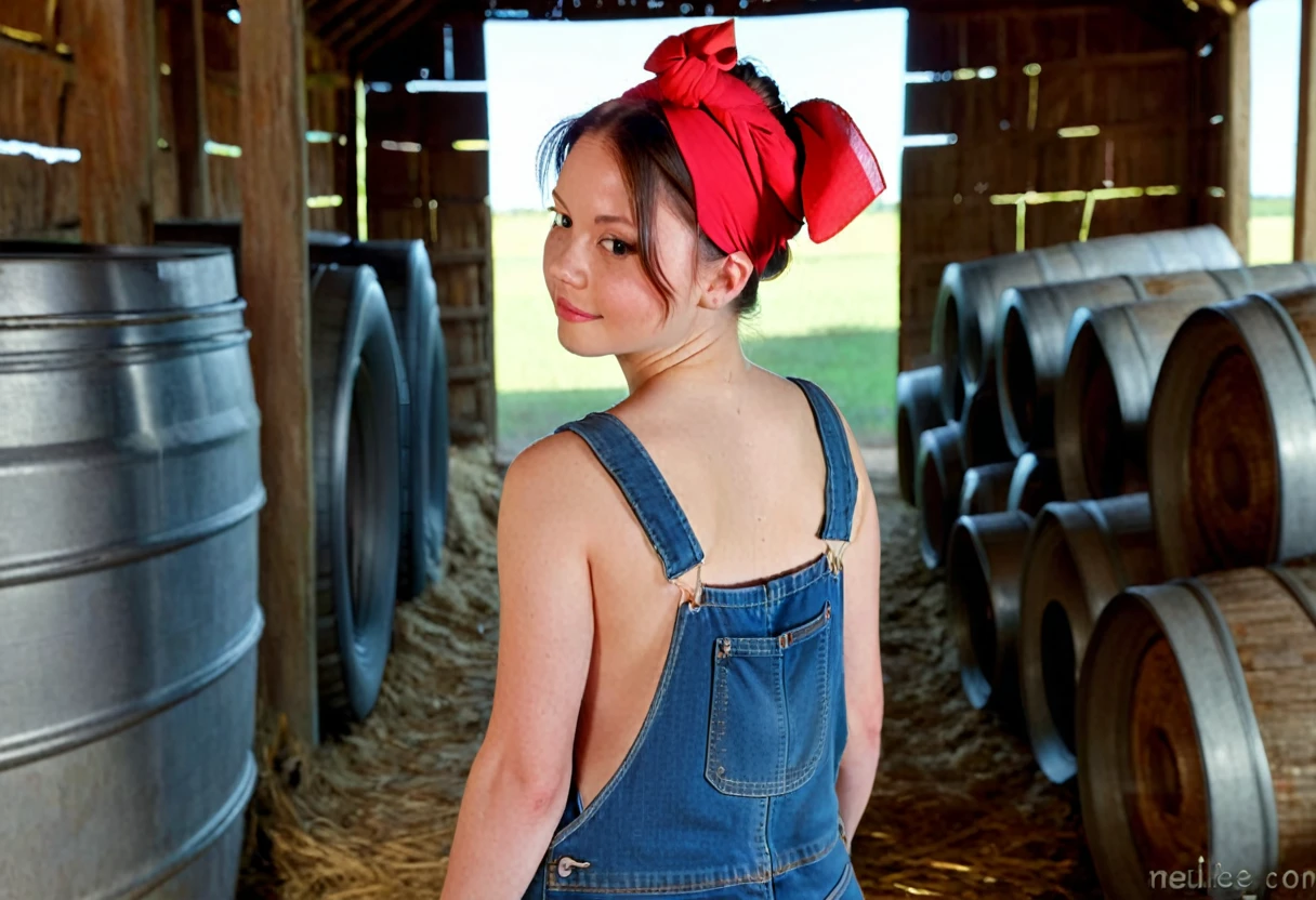 m1ag0th woman, brunette hair bun, red bandana, wearing only blue overalls jeans, in a barn, pearl movie, close up, in a barn with stacks, bending over showing me her black thong while looking back at me