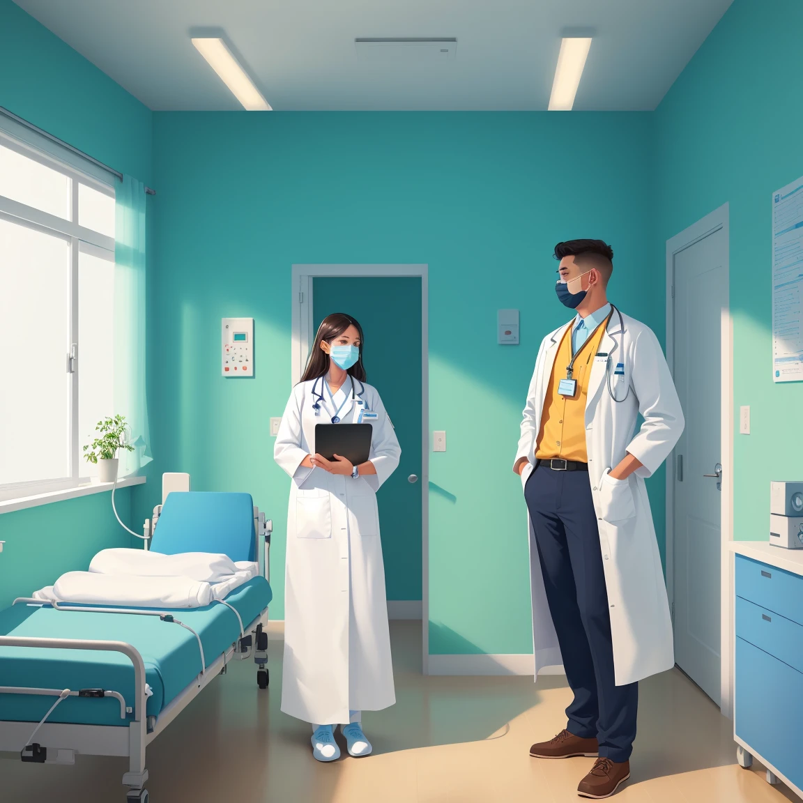 a man in a white coat is standing next to a woman in a Hospital bed, medical doctor, Flat illustration, Hospital background, in Hospital bed, doctor, Hospital room, medical background, Nursing, health care worker, Medical imaging, digital Medical equipment, colorful Medical equipment, Medical equipment, medical illustration, health care, Clean medical environment, Medical drawing, Hospital, Hospital ward