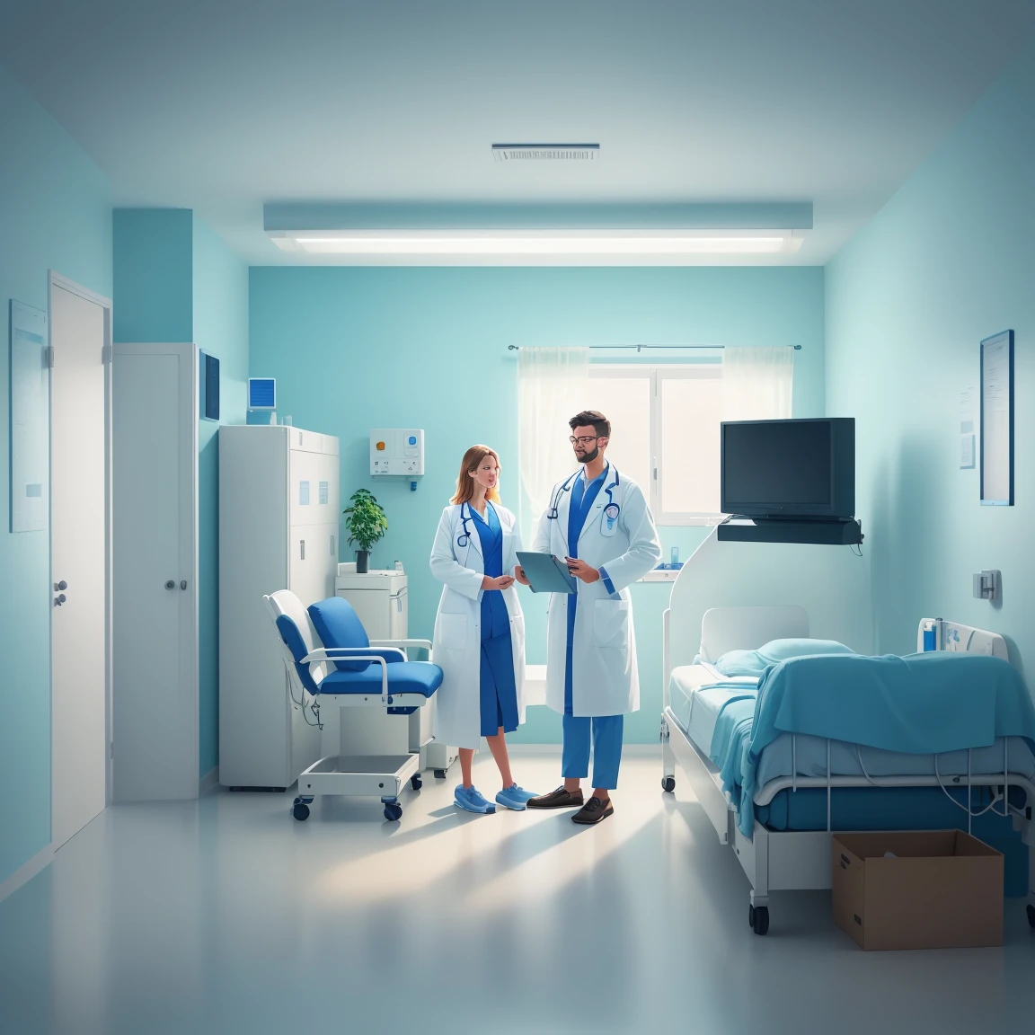 a man in a white coat is standing next to a woman in a Hospital bed, medical doctor, Flat illustration, Hospital background, in Hospital bed, doctor, Hospital room, medical background, Nursing, health care worker, Medical imaging, digital Medical equipment, colorful Medical equipment, Medical equipment, medical illustration, health care, Clean medical environment, Medical drawing, Hospital, Hospital ward