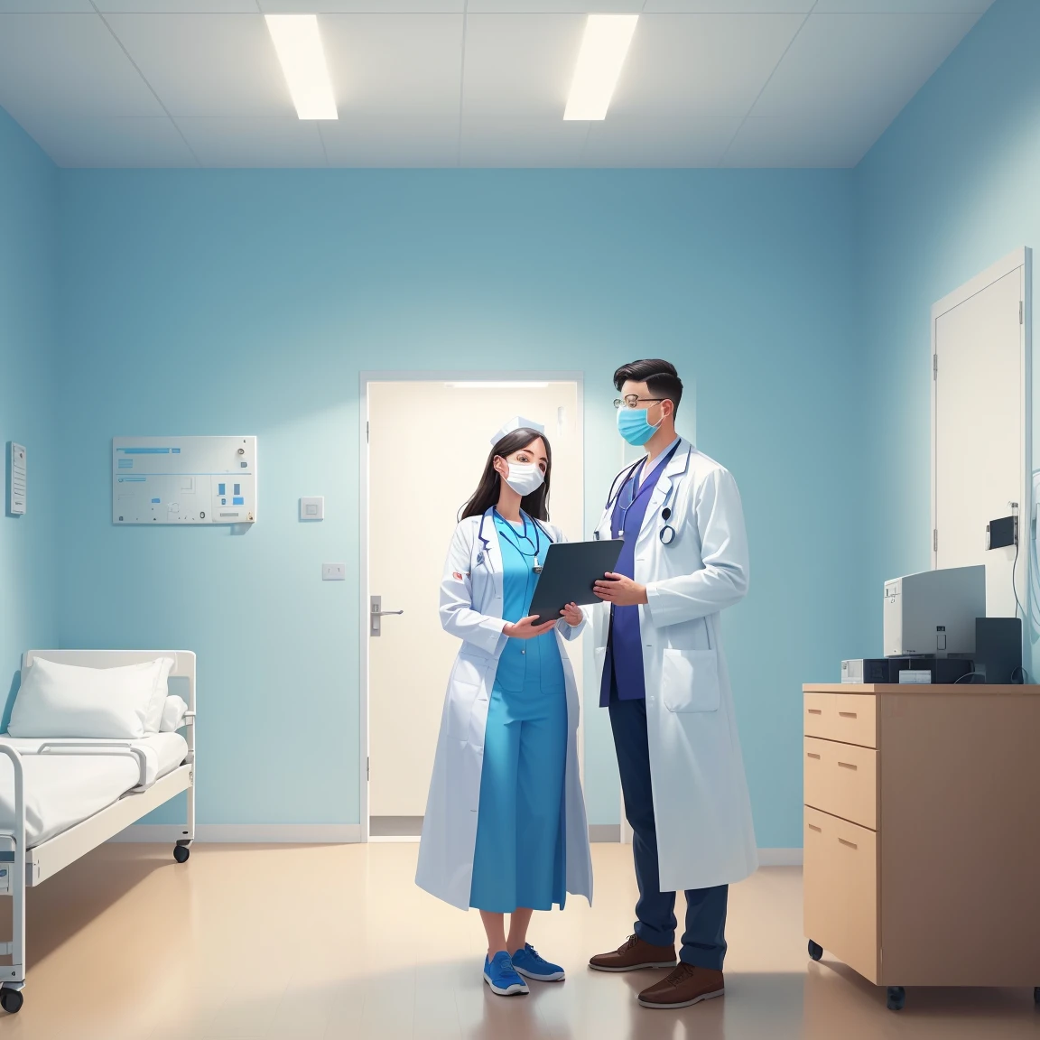 a man in a white coat is standing next to a woman in a Hospital bed, medical doctor, Flat illustration, Hospital background, in Hospital bed, doctor, Hospital room, medical background, Nursing, health care worker, Medical imaging, digital Medical equipment, colorful Medical equipment, Medical equipment, medical illustration, health care, Clean medical environment, Medical drawing, Hospital, Hospital ward