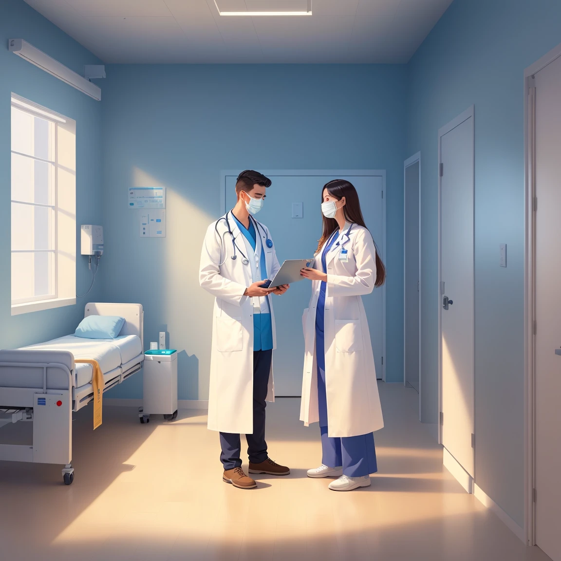 a man in a white coat is standing next to a woman in a Hospital bed, medical doctor, Flat illustration, Hospital background, in Hospital bed, doctor, Hospital room, medical background, Nursing, health care worker, Medical imaging, digital Medical equipment, colorful Medical equipment, Medical equipment, medical illustration, health care, Clean medical environment, Medical drawing, Hospital, Hospital ward