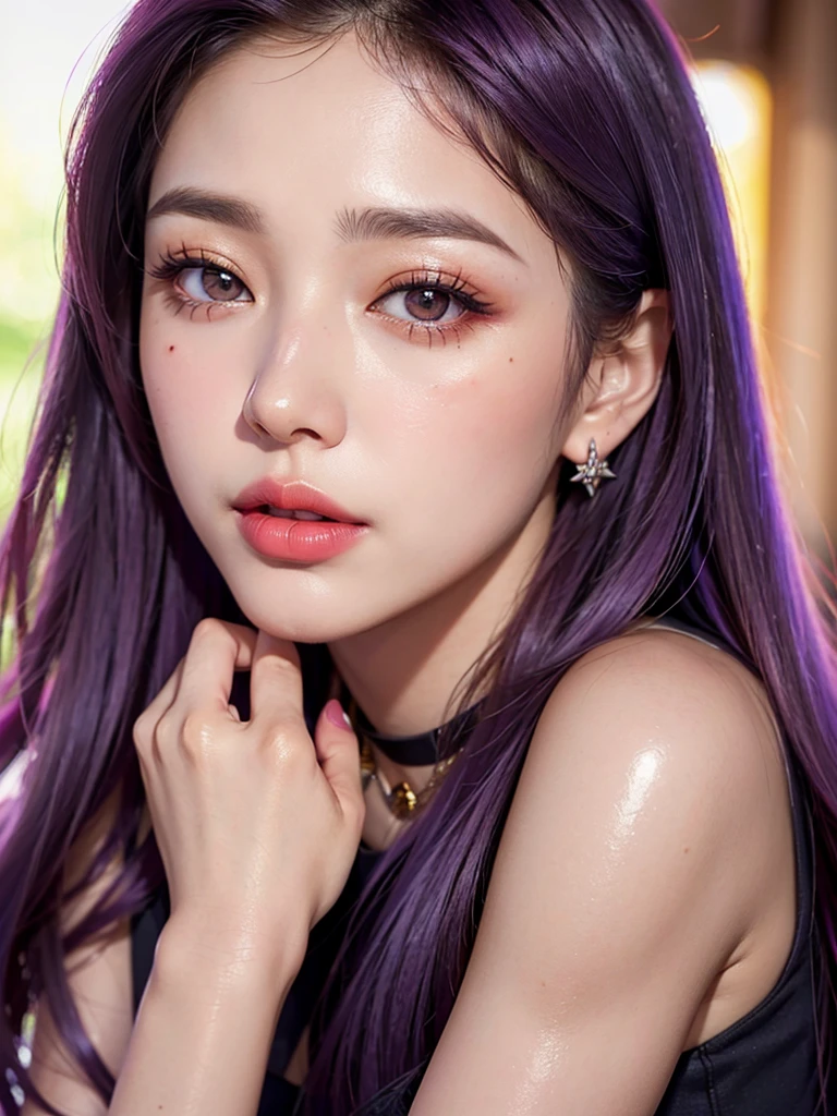 1girl, alone, solitary, high quality, (best quality,4k,8k,highres,masterpiece:1.2),ultra-detailed,(realistic,photorealistic,photo-realistic:1.37),gorgeous hair,violet hair,long straight hair with bangs,sharp eyes,mole under the eye,plump lips,jewelry,(high detailed skin:1.4),(rim lighting:1.3),(lit:1.3),(sunny day:1.3),portrait,beautiful lips,waist-length hair,seductive gaze,moles,casual clothes,colorful clothing,close up,super long hair,choker necklace,tattoos,tattooed,light eyes,bangs,fringe,20 year old,dimples on the cheeks,dimples,purple hair,violethair,bright violet hair,black,red lips,red lipstick,round lips,round pouty lips,pouty lips,douyin makeup, sparkly makeup,glitter,contact lenses