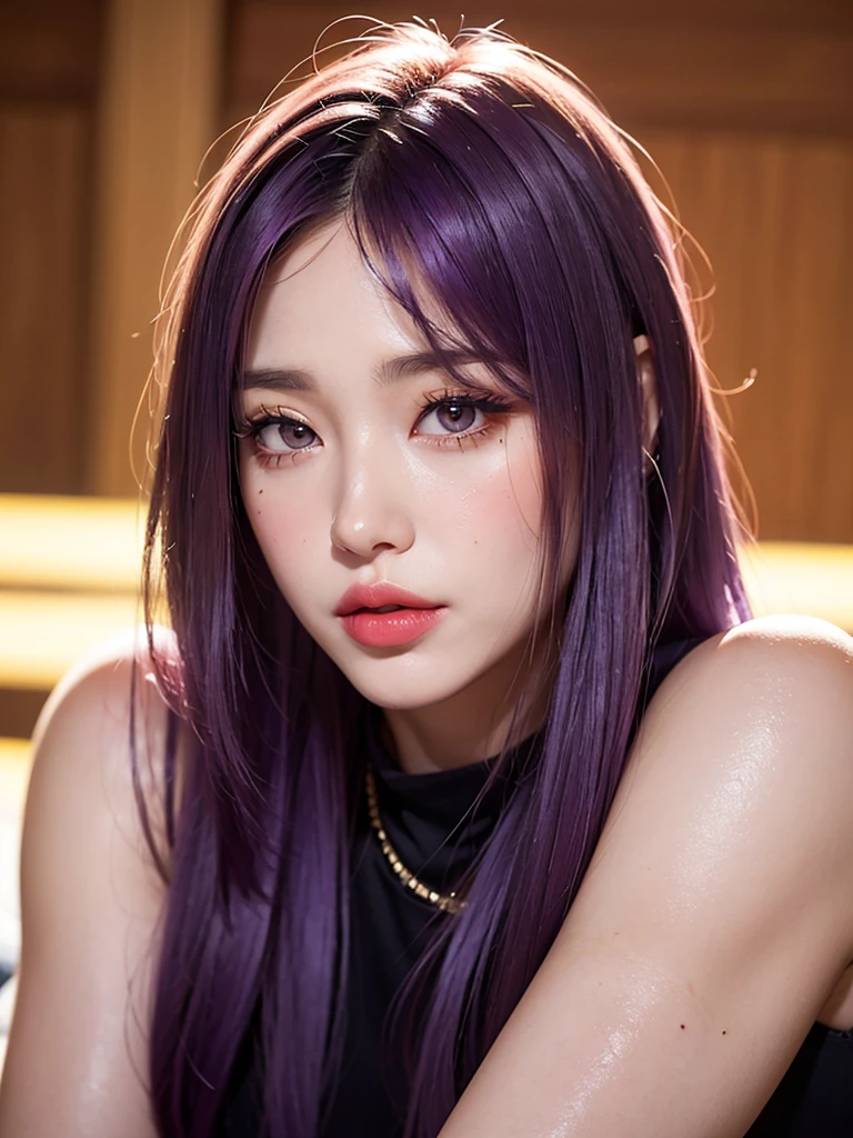 1girl, alone, solitary, high quality, (best quality,4k,8k,highres,masterpiece:1.2),ultra-detailed,(realistic,photorealistic,photo-realistic:1.37),gorgeous hair,violet hair,long straight hair with bangs,sharp eyes,mole under the eye,plump lips,jewelry,(high detailed skin:1.4),(rim lighting:1.3),(lit:1.3),(sunny day:1.3),portrait,beautiful lips,waist-length hair,seductive gaze,moles,casual clothes,colorful clothing,close up,super long hair,choker necklace,tattoos,tattooed,light eyes,bangs,fringe,20 year old,dimples on the cheeks,dimples,purple hair,violethair,bright violet hair,black,red lips,red lipstick,round lips,round pouty lips,pouty lips,douyin makeup, sparkly makeup,glitter,contact lenses