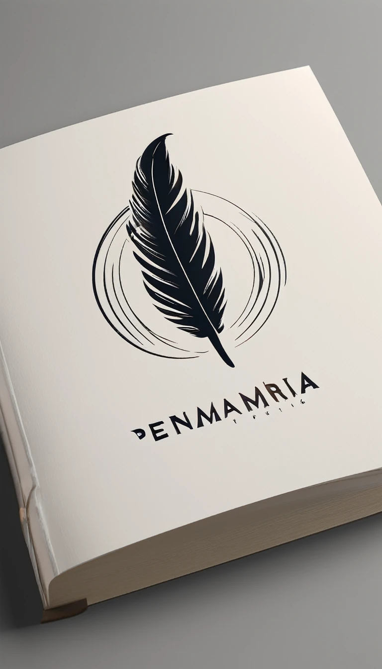 A minimal, modern, simple, cinematic logotype for the brand “Penamemoria". The logotype must be a simple, magical feather and a boy playing acoustic guitar. The logo must convey a sense of music, stories and dreams. Logo design impressed on a book cover. Minimalistic logo
