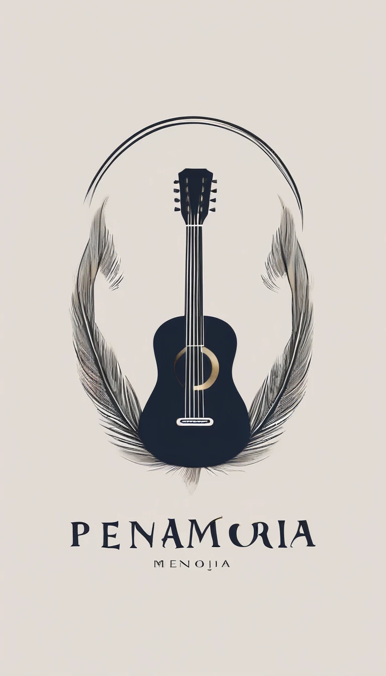 A minimal, modern, simple, cinematic logotype for the brand “Penamemoria". The logotype must be a simple, magical feather and a boy playing acoustic guitar. The logo must convey a sense of music, stories and dreams. Logo design impressed on a book cover. Minimalistic logo
