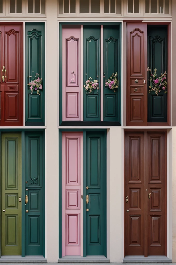 Can you create an image where there are 3 doors?, Door 1 should have a large dark green key, the second door must be pink and must have a red hummingbird, The third door must be white and must have a butterfly so that the 3 doors can be seen in the center of the image (all doors should be seen in the image)