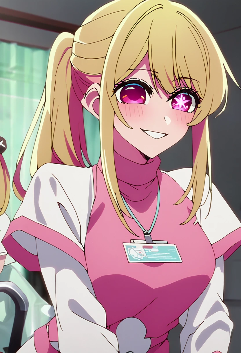 Blonde、nurse、injection、Highest quality、high resolution、8K,Highest quality、Star-shaped pupil、The best smile、long hair、Pink Eyes、ponytail、Upper Body、One person