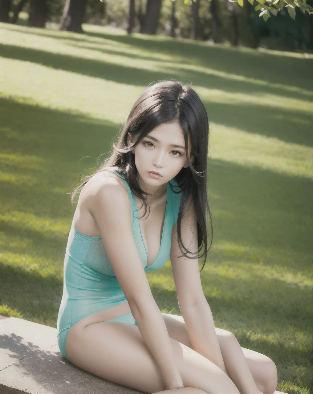 best quality, masterpiece, girl, Dark hair, dark eyes, home, sun shining, shiny skin, sun flare