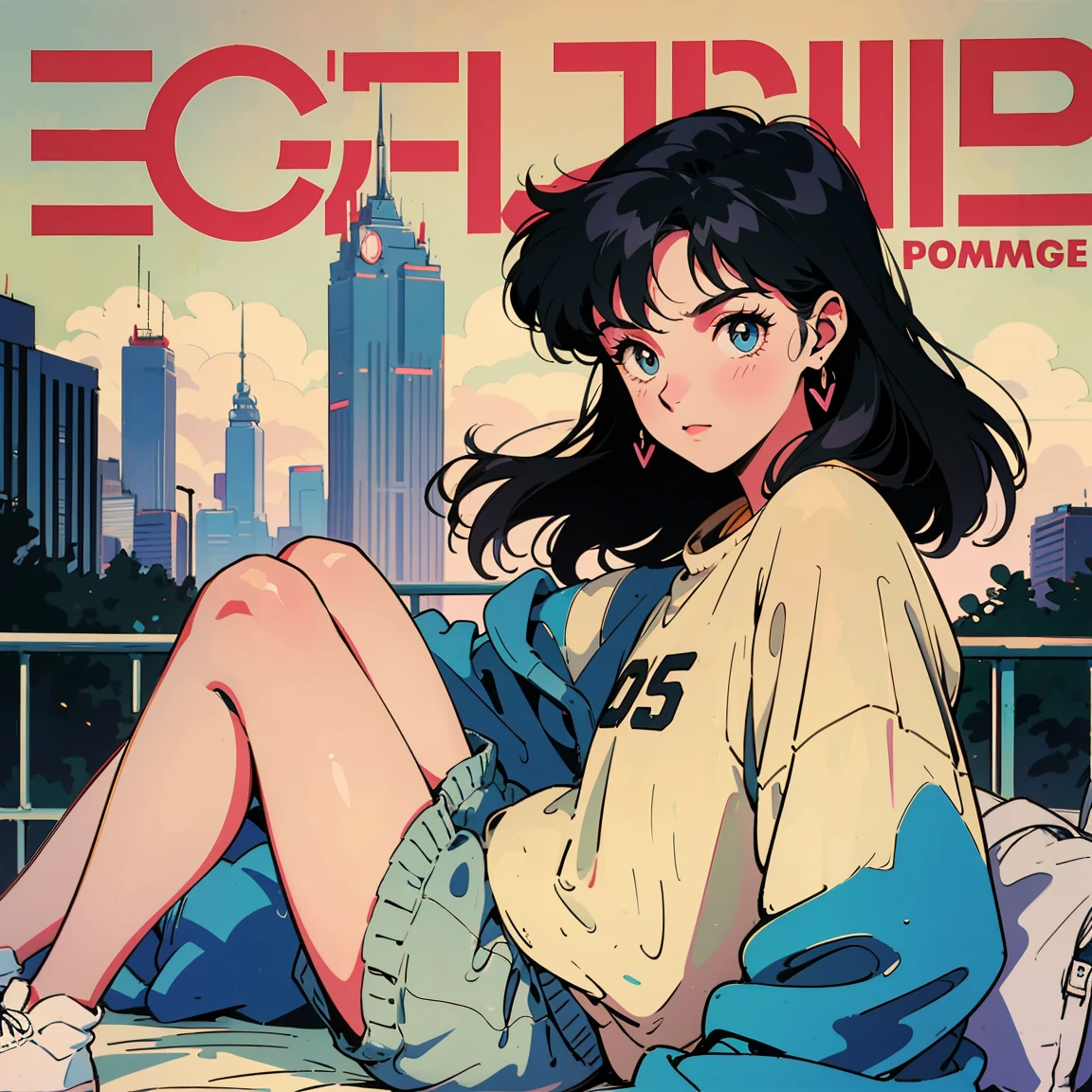 Best image quality, 1980s style animation, 21 year old girl, black hair, Permed hair, bright eyes,  Pretty Eyes, eye line, retro, With a baggy sweatshirt, magazine cover, whole body , city , evening in the park, posing, Pomeranian