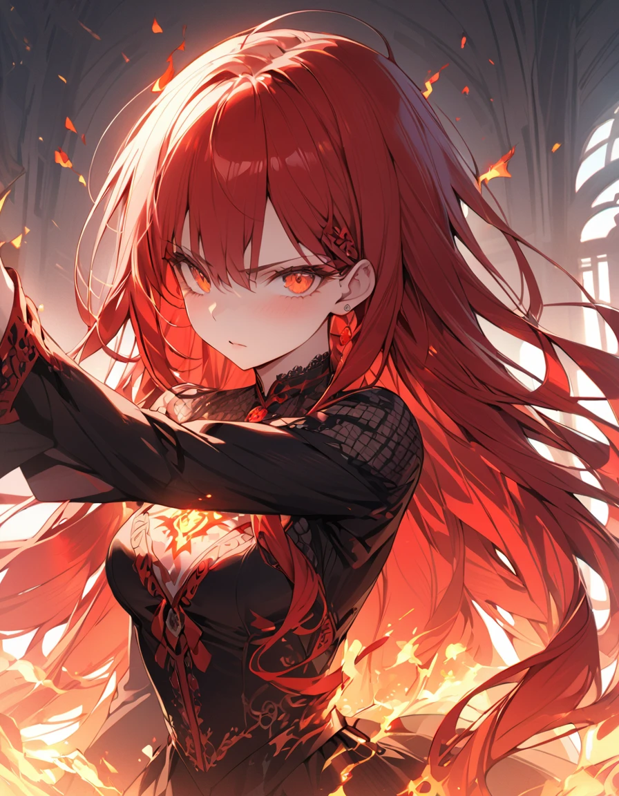masterpiece　Detailed description　A woman with very long red hair　Very intense flames all over　Spell　
