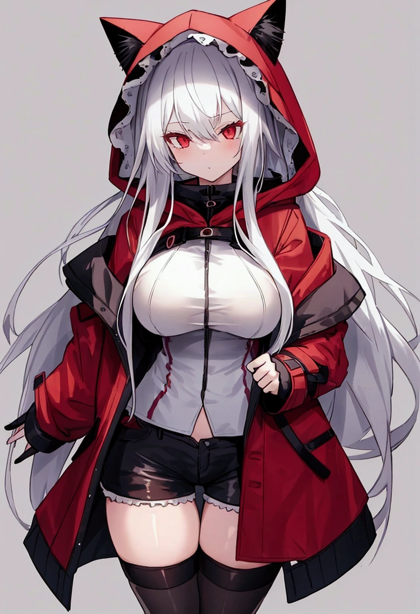 Girl with long white hair,red eyes, wear short shorts and tights, has a coat with a hood made of cat ears, nice body, big boobies