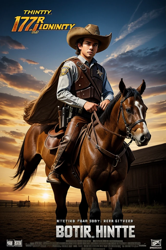 -yeld maBounty hunter dressed as a sheriff/cowboy riding a horse posing as a movie poster (no letters)