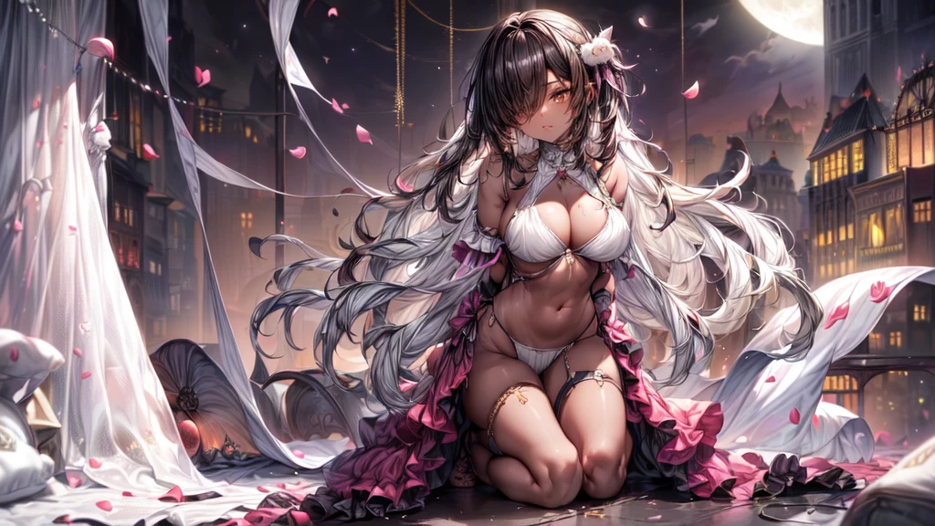 ((((Obra maestra, La mejor calidad, ultrahigh resolution)))), 1girl, kneeling,), ((long pure brown hair, hair over eye)), long hair cut, shiny skin, ((golden eyes)), glowing_eyes, neon eyes, (ultra detailed eyes:0.7, beautiful and detailed face, detailed eyes:0.9), ((centered)), smirk, facing viewer, ((vibrant background, dark lighting, summer, sunlight)), large chested, looking at viewer, ((half closed eyes)), ((perfect hands)), (((head:1, arms, hips in view, elbows, legs, in view))), ((hands behind back)), empty eyes, beautiful lighting, ((outside, outdoors)), defined subject, head tilt, (((gritty)), ((creepy)), ((cool)), ((beautiful)), (((SFW))), hair ornament, petals in the air, moon in the sky, city, mature woman, adult woman, sfw, pink and white dress, night dress, she is a princess, gal, dark skin,