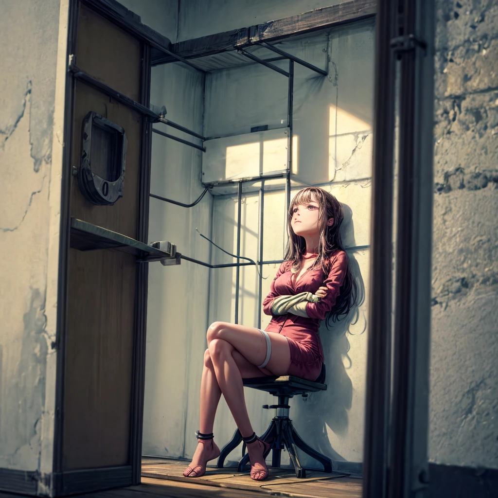 In the depths of the prison, a woman sits in her cell, her arms bound and her legs folded in an M-shape. The cold, damp walls seem to mock her, a constant reminder of her captivity. She longs for , but for now, all she can do is sit and wait, her mind consumed with thoughts of escape.