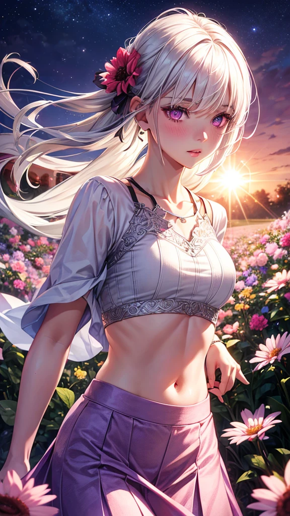 realistic, 1girl, white hair, purple eyes, glowing eyes, crop top, skirt, parted lips, blush, night, flowers, sun, sunlight,