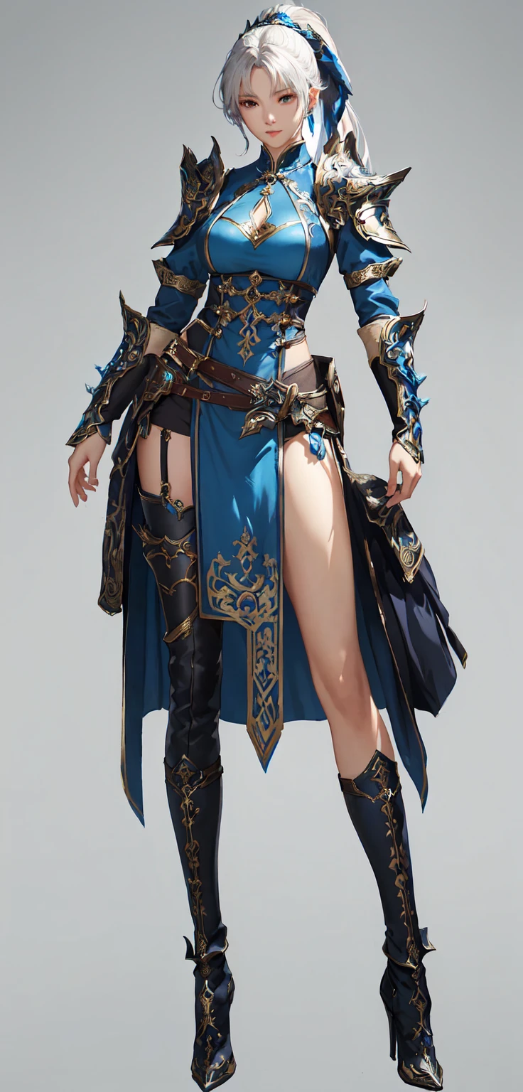 Close-up of woman in blue dress and boots, Stunning character art, Super detailed fantasy characters, very detailed character, Stunning 8k character concept art, Female characters, Lineage 2 Style, Pan Chengwei on artstation, Fantasy Costume, 2. 5D CGI anime fantasy artwork, Very detailed and rich costumes, Created by senior character artists, Beautiful female priest
