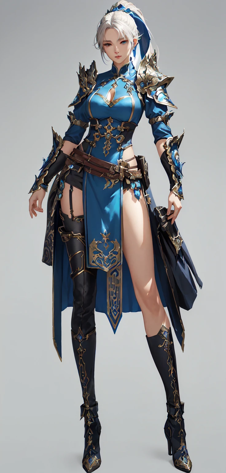 Close-up of woman in blue dress and boots, Stunning character art, Super detailed fantasy characters, very detailed character, Stunning 8k character concept art, Female characters, Lineage 2 Style, Pan Chengwei on artstation, Fantasy Costume, 2. 5D CGI anime fantasy artwork, Very detailed and rich costumes, Created by senior character artists, Beautiful female priest