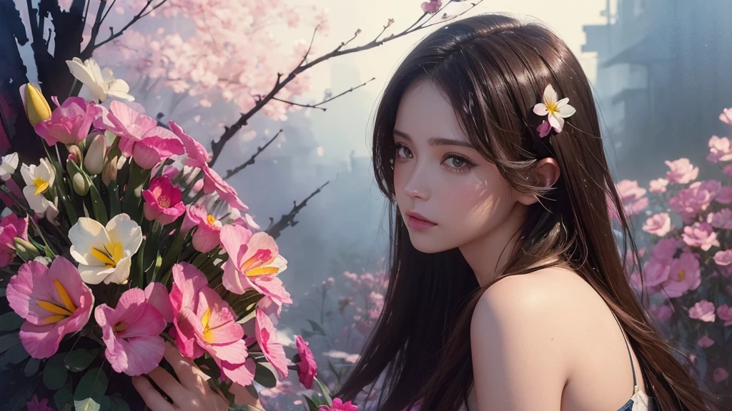 32k, Masterpiece, Highest quality, One girl, Brown Hair, Detailed eyes, flower,Freesia, Pink and navy style,A dreamy, romantic piece,Pale yellow, Mysterious Leaves,A playful arrangement,Fantasy,High Contrast,Ink strokes,explosion,Exposure, Impression of pink and navy tones,Abstract,((Watercolours by John Berkey and Jeremy Mann )) Brush strokes,Negative Space, Tyndall effect,
