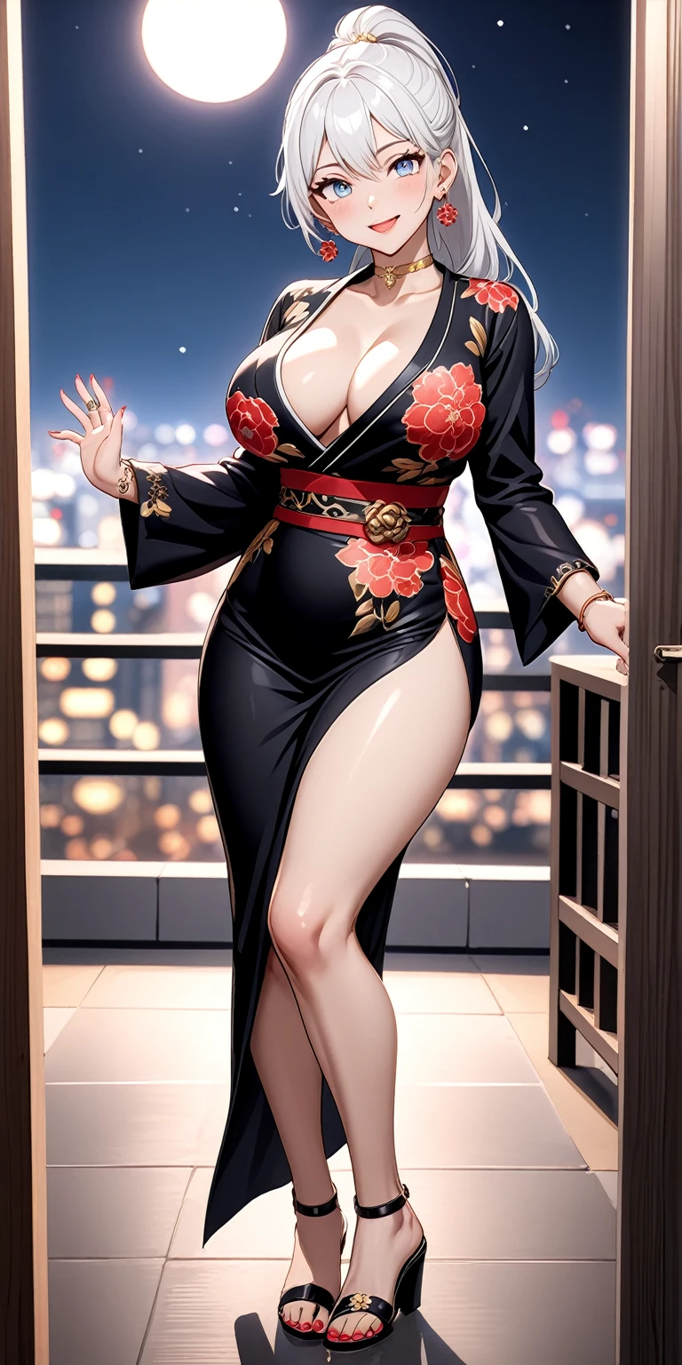 ((One personの女性)), Beautiful Face, (Laughing embarrassedly), (laugh:1.2),((Wink:1.7)), (head tilt:1.3), Laugh with your mouth wide open, upper teeth, waving at viewer, ((Bright red cheeks:1.4)),Glossy Red Lips,night, Skyscraper rooftop, firework, Shining Face, ((Anime style background)),masterpiece, Highest quality, so beautiful,up to date, Complex details, (Pink long nails),(ring),(bracelet),(Floral choker),AI-generated, Complex,High resolution, Highest quality, super high quality,3D Images、3D Images,One person,Long white hair,High Ponytail, Anime woman posing for a photo,(blue eyes), ((Fine grain、Silvery white, lightly pigmented eyes、Shining Eyes:1.4)), (Squint your eyes:1.1), a hyperRealistic , hyperRealistic , Realistic,Anime woman with long white hair, Smooth anime CG art, A woman in a colorful kimono with gold embroidery, (Black long sleeve kimono),Red floral pattern,(Black high heel sandals), Long flower hair ornament,Floral Earrings,Mature Body,(Big Breasts:1.1),Tall,Abdominal muscles,Tight waist, (full body), ((pigeon toed:1.4)), (front view),