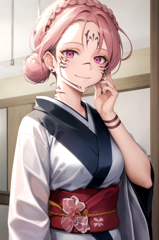 1girl, solo, pink_hair, smile, japanese_clothes, kimono, looking_at_viewer, pink_eyes, facial_mark, eyelashes, single_hair_bun, hair_bun, facial_tattoo, closed_mouth, genderswap_(mtf), genderswap, upper_body, tattoo