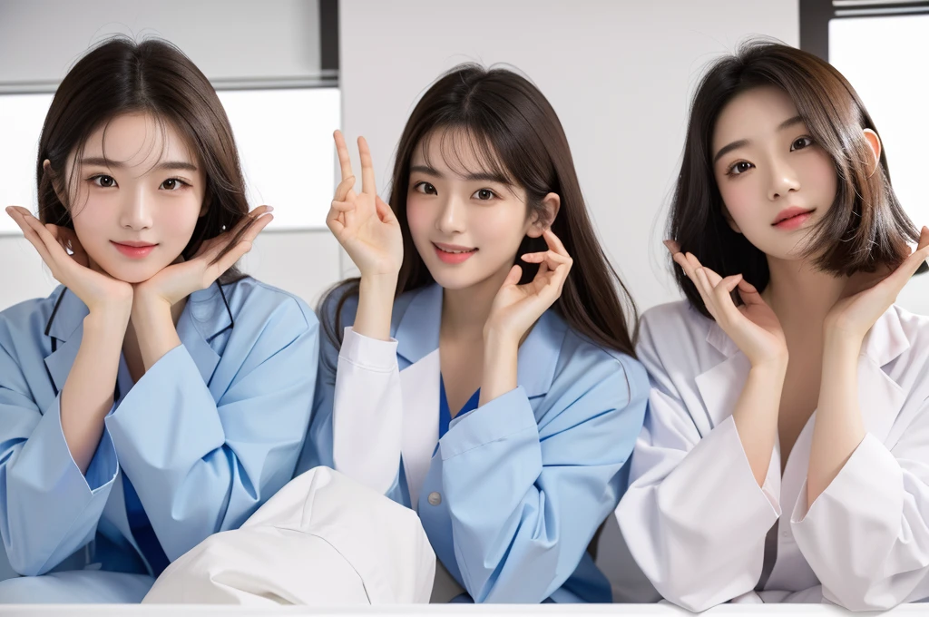 masterpiece, best quality, medium shot, 3girls, modern hospital, happy, Beautiful Japanese female doctor wearing labcoat, beautiful detailed face, pale skin, realistic skin, detailed cloth texture, detailed hair texture, accurate, Anatomically correct, Highly detailed face and skin texture , looking at viewer