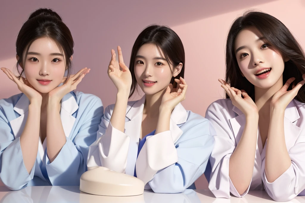 masterpiece, best quality, medium shot, 3girls, modern hospital, happy, Beautiful Japanese female doctor wearing labcoat, beautiful detailed face, pale skin, realistic skin, detailed cloth texture, detailed hair texture, accurate, Anatomically correct, Highly detailed face and skin texture , looking at viewer
