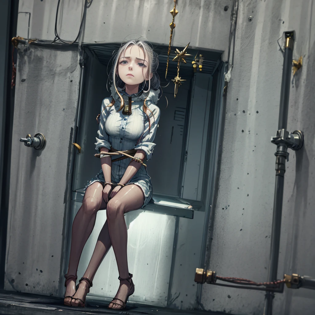 In the depths of the prison, a woman sits in her cell, her arms bound and her legs folded in an M-shape. The cold, damp walls seem to mock her, a constant reminder of her captivity. She longs for , but for now, all she can do is sit and wait, her mind consumed with thoughts of escape.