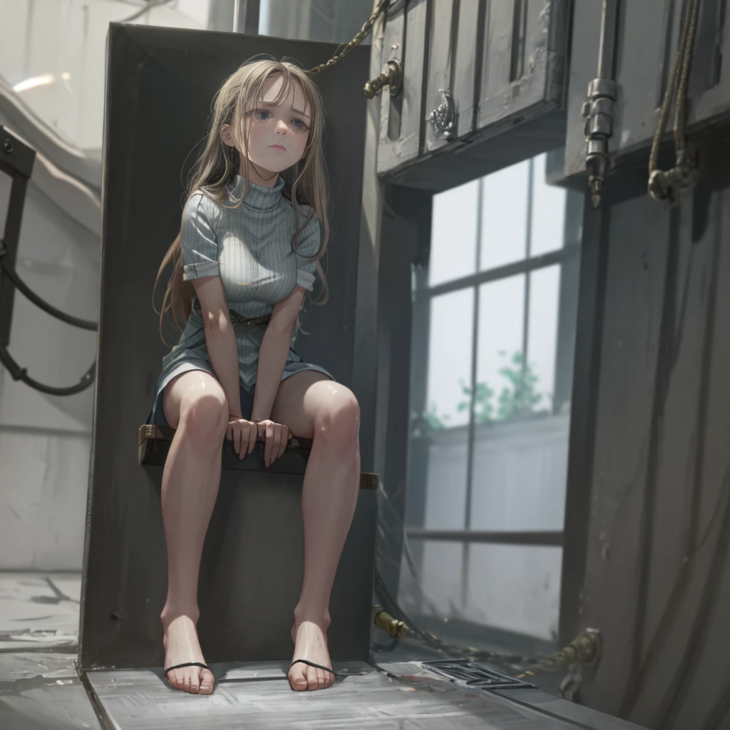 In the depths of the prison, a woman sits in her cell, her arms bound and her legs folded in an M-shape. The cold, damp walls seem to mock her, a constant reminder of her captivity. She longs for , but for now, all she can do is sit and wait, her mind consumed with thoughts of escape.