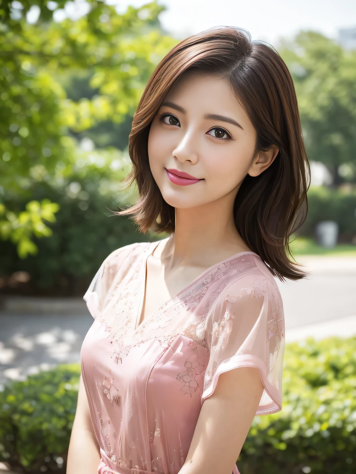(RAW Photos), (Photo Real), (masterpiece), (Highest quality), High resolution, 8K resolution, (Intricate details), (Volumetric Light), Portraiture, woman, 30 years old, Medium Hair, Layered Hair, Brown Hair, Highly detailed eyes, Source order, Very thin eyebrows, Highly detailed skin, Highly detailed mouth, Highly detailed nose, Cute like an idol, smile, ((Pink lipstick)), ((Look at the viewers)), (An elegant and transparent red see-through short-sleeved dress), ((Randomly oriented bodies)), green park background, Facial posture looking up at the sky,