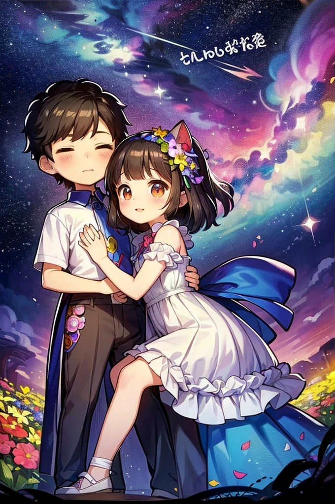 (Highest quality)(Masterpiece)A little boy and girl are kissing、Many colorful flowers bloom in outer space、The cats are watching、