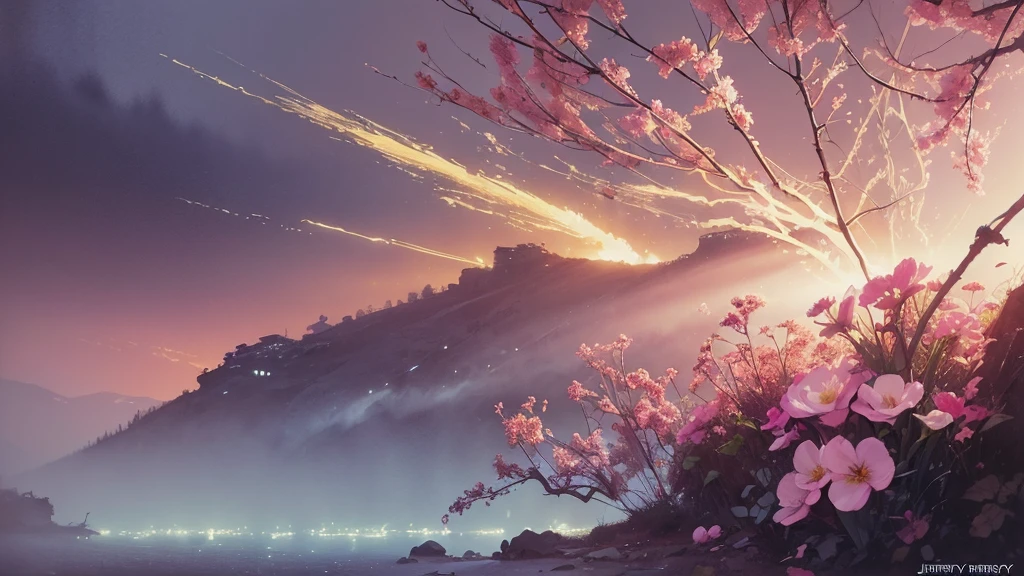32k, Masterpiece, Highest quality, One girl, Brown Hair, Detailed eyes, flower,Freesia, Pink and navy style,A dreamy, romantic piece,Pale yellow, Mysterious Leaves,A playful arrangement,Fantasy,High Contrast,Ink strokes,explosion,Exposure, Impression of pink and navy tones,Abstract,((Watercolours by John Berkey and Jeremy Mann )) Brush strokes,Negative Space, Tyndall effect,