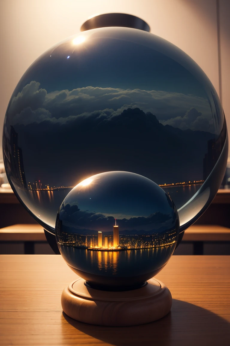 Ultra-photorealism,16K high resolution,(Maximum Sharpness Focus:1.3),(Maximum close-ups:1.5),Crystal ball close-up(Victoria Harbour,Night Scenery,Christmas lights,未来派城市的Night Scenery被困在水晶球中,The base is on the table:1.7),(Victoria Harbour,Dazzling Light,Black Cloud,Galactic,Hoist:1.5)