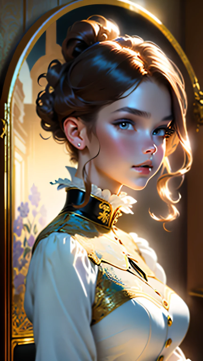 masterpiece, Highest quality, (8K wallpapers incorporating highly detailed CG), (Highest quality), (Best illustrations), (Best Shadow), (Stable Diffusion Model), Violet Evergarden, Sparkling, beautiful, victorian style bedroom, Dynamic Lighting, Written boundary depth､Portrait