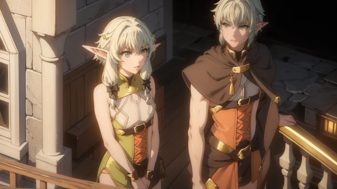 1 girl,20 years, Portrait of a girl, face accent, One,happy face,black and gold long dress,middle ,White hair,long hair,yellow eyes,Elf Ears, black small horns,white tights,Detailed long boots,golden tiara,Luxurious gold jewelry,(((standing on the porch of the castle)))