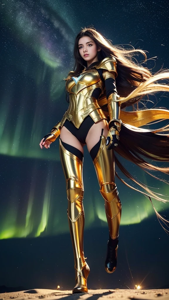 ((best quality)), ((masterpiece)), (ultra detailed lights), ((full body shot)), ((skinny body)), teen girl, extremely beautiful, perfect eyes, ((slim body)), thighs gap, ultra face details, 20 years old, ((bright-blue curvy-hair)), ((hair blown by strong winds :1.3)), Award-winning photograph, ((symmetrical pose)), teen goddess with (golden sword) in ((full body golden black armor)) are in the middle of battlefield, posing in the middle, intricate details, ((thight golden armour)), ((extremely details armor)), ((tight latex panties)), ((24k-gold armor)), ((edge luminous armor)), cameltoe, luminescent, epic lights reflections, ((Athena's golden bow), at beach, full of stars, orange clouds, nebula sky, epic aurora borealis in the background, shooting stars, ((from below))