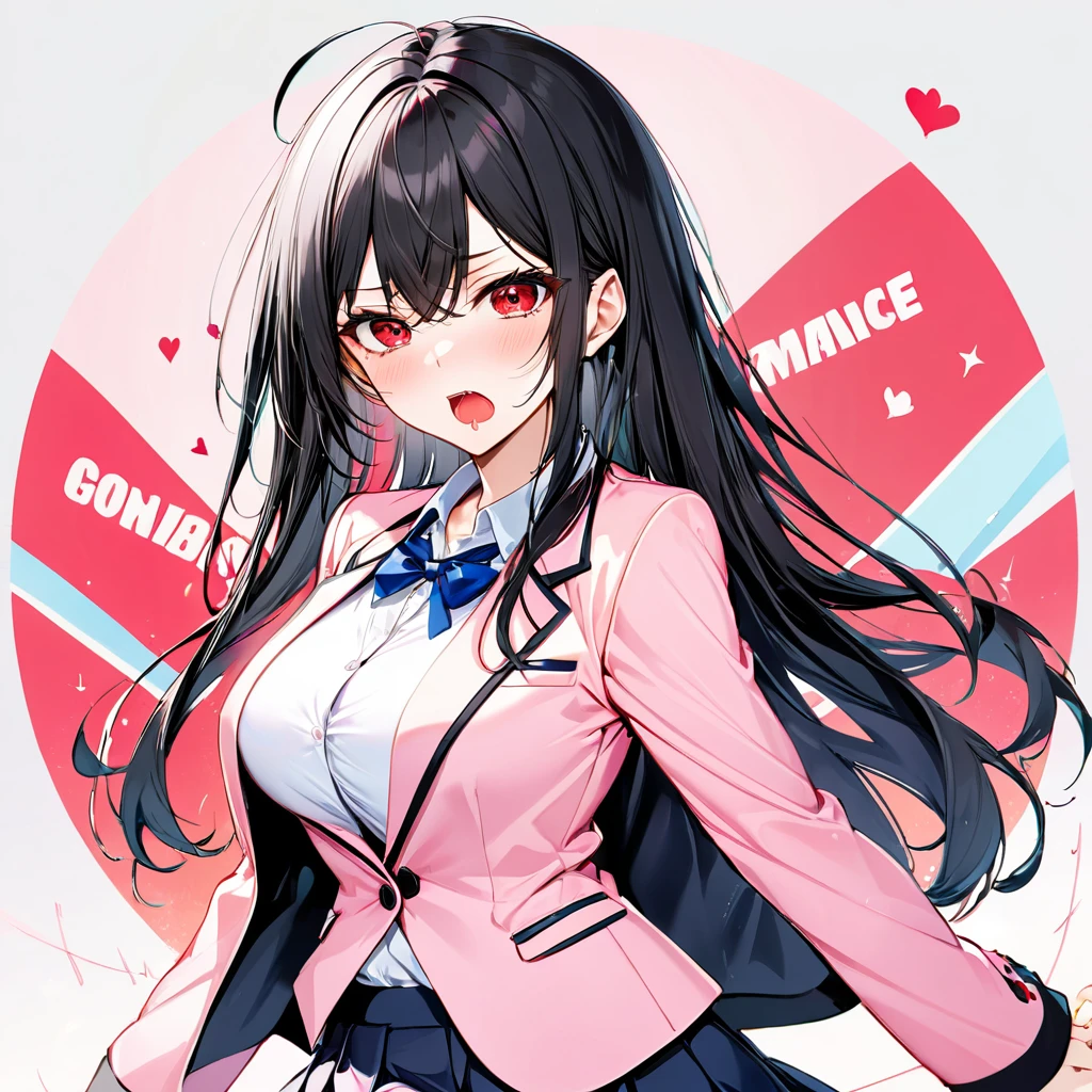 (Tsundere love mode) (18 yo, solo straight black hair long hair cute dominance girl, cool red eyes, angry face, pink lip open mouth, big tits), break, (in a summer school blazer, skirt), BREAK, perfect anatomy, masterpiece, best quality, 16k, beautiful detailed grow, daydreaming expression.