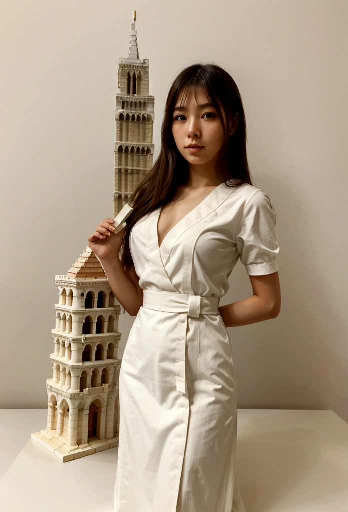 "A beautiful young woman in a Japanese , standing and holding a lightweight brick on top of a stack of white lightweight bricks sized 7.5*60*20 cm with a 'SDCon' stamp. The background features the white Leaning Tower of Pisa."