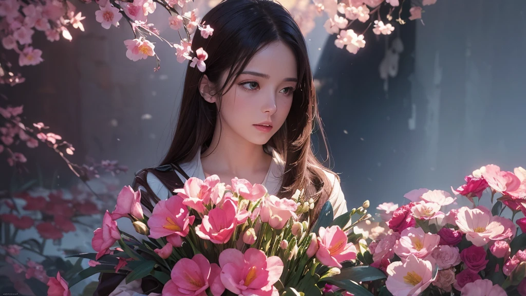 32k, Masterpiece, Highest quality, One girl, Brown Hair, Detailed eyes, flower,Freesia, Pink and navy style,A dreamy, romantic piece,Pale yellow, Mysterious Leaves,A playful arrangement,Fantasy,High Contrast,Ink strokes,explosion,Exposure, Impression of pink and navy tones,Abstract,((Watercolours by John Berkey and Jeremy Mann )) Brush strokes,Negative Space, Tyndall effect,