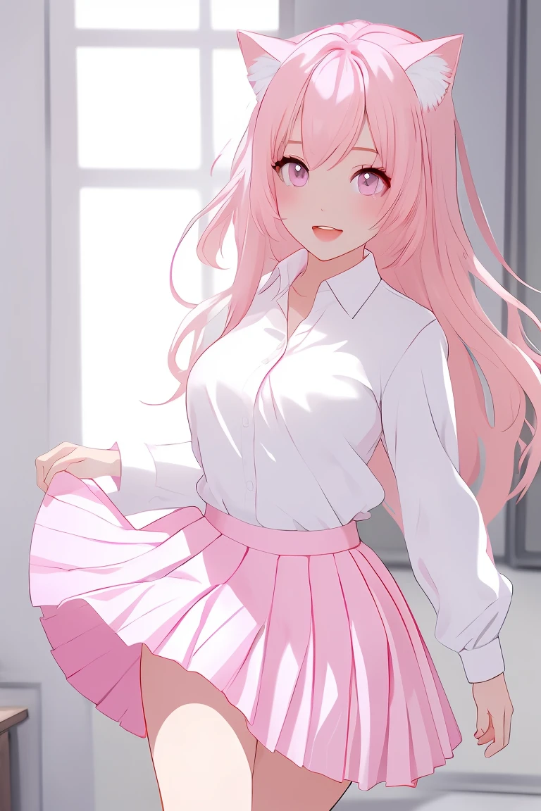 score_9,score_8_up,score_7_up,masterpiece, top quality, best quality, official art, beautiful and aesthetic, animation, , 1girl with cat ear, perfect figure, pink hair, complicated details, bedroom, sunny, ready to play dress-up game, (white shirt, pink pleated skirt:1.5), female excited expression, running to wardrobe ,
