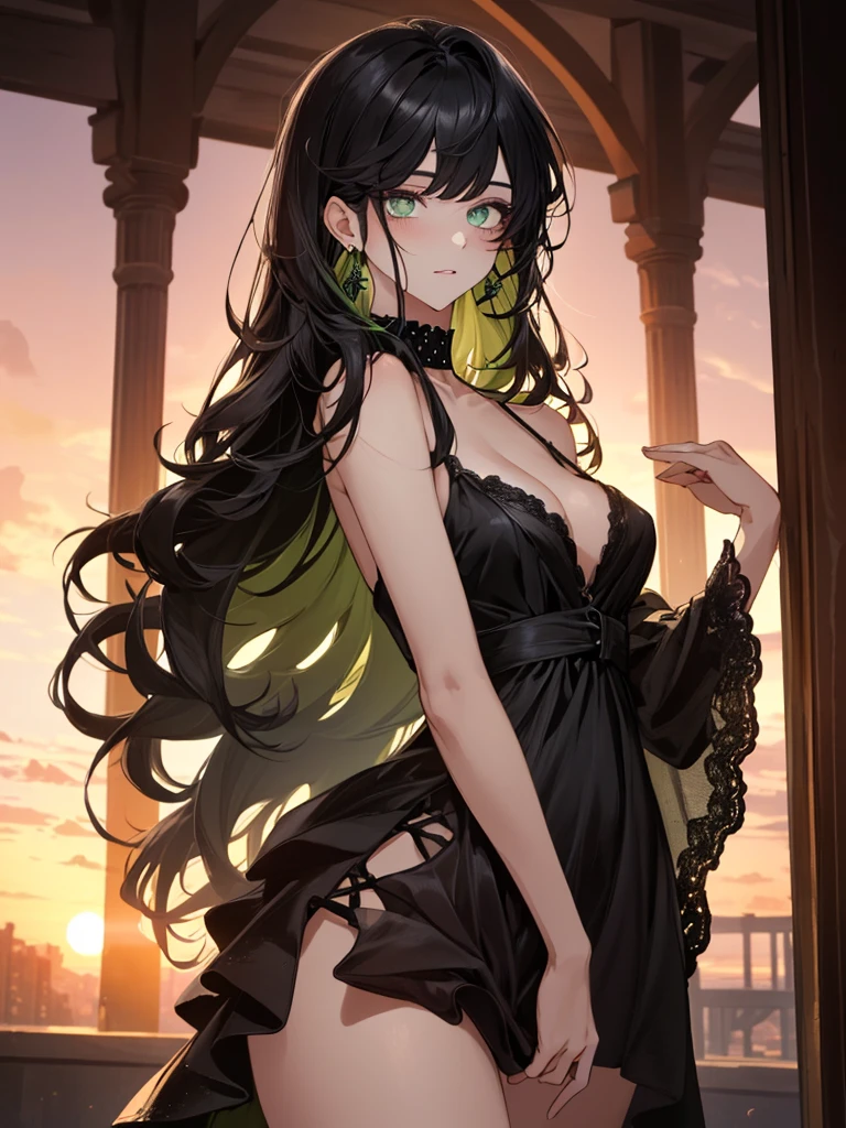 (top quality, masterpiece, high quality, ultra-delicate), ((beautiful girl)), (((adult)), ((Pure Dark black hair)), mature, graceful curves, ((long hair, long bangs)), ((bright green eyes)), ((detailed eyes)), nose, bangs, black collar, ((Black Dress)), V neck, seductive, standing casual ribbon, charm, shoulderless dress, fashion, thick thighs, green earrings, Good Lighting, Sunset.
