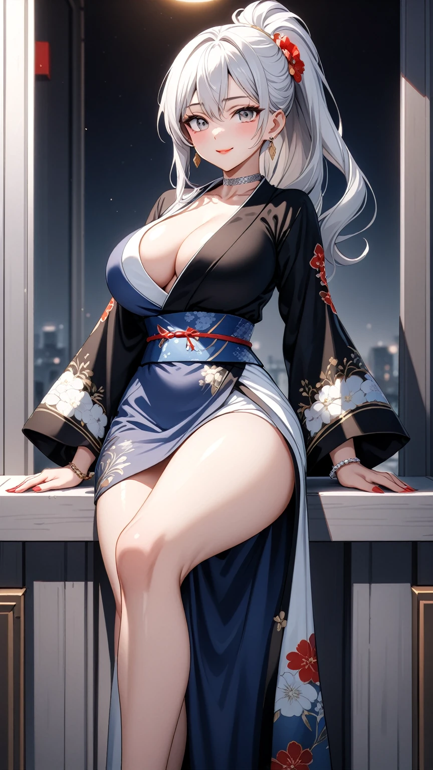 ((One personの女性)), Beautiful Face, full body, (Laughing embarrassedly), (laugh:1.2),((Wink:1.7)), (head tilt:1.3), Laugh with your mouth wide open, upper teeth, looking down at viewer,((panty shot)), ((Bright red cheeks:1.4)),Glossy Red Lips,rooftop, firework, Glossy red lips, Shining Face, ((Anime style background)),masterpiece, Highest quality, so beautiful,up to date, Complex details, (Pink long nails),(ring),(bracelet),(Floral choker),AI-generated, Complex,High resolution, Highest quality, super high quality,3D Images、3D Images,One person,Long white hair,High Ponytail, Anime woman posing for a photo,(blue eyes), ((Fine grain、Silvery white, lightly pigmented eyes、Shining Eyes:1.4)), (Squint your eyes:1.1), a hyperRealistic , hyperRealistic , Realistic,Anime woman with long white hair, Smooth anime CG art, A woman in a colorful kimono with gold embroidery, (Black long sleeve kimono),Red floral pattern,(black high heel sandals), Long flower hair ornament,Earrings,Mature Body,(Big Breasts:1.1),Tall,Abdominal muscles,Tight waist,(face focus), ((crossed legs:1.1)), (from side),